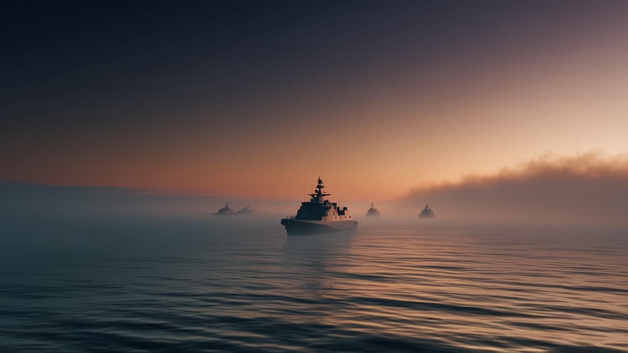 Silhuetter av marinefartøy glir gjennom rolige, tåkete farvann ved soloppgang. Myke oransje og lilla fargetoner maler horisonten. Havoverflaten reflekterer det falmende lyset forsiktig. Ingen mennesker synlige. Perfekt for militær.