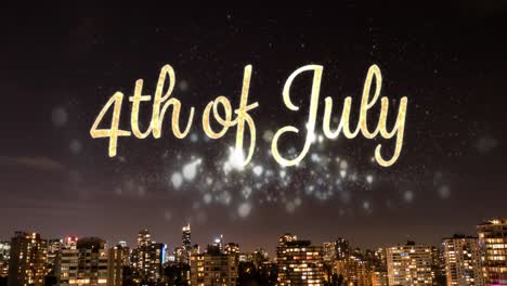 animation of fourth of july text over glowing lights and cityscape