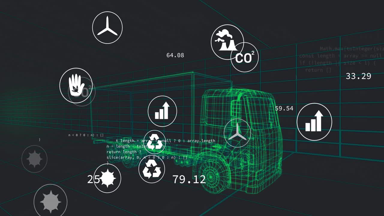 3d 트럭 모델에 대한 다중 디지털 아이콘의 애니메이션, 원활한 패턴 및 데이터 처리