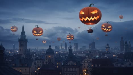 a spooky night over the city: giant jack-o'-lantern balloons illuminate the skyline in a haunting halloween display under rainy skies