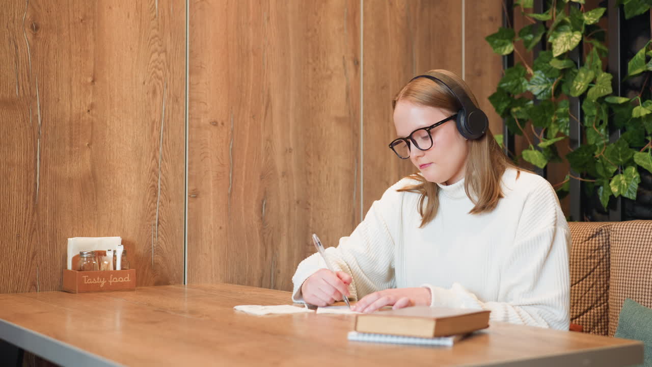 Focused college student wearing headset and glasses sketches on paper napkin while gently dancing, seated in warm cafe interior with wooden walls, leafy plant decor, and soft natural lighting