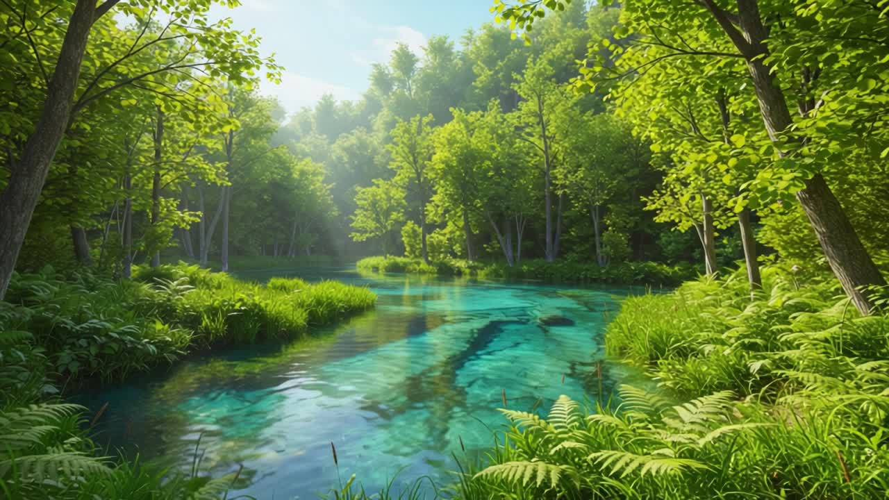 A Serene Glimpse of Nature: A Tranquil River Meanders Through a Lush Forest, Showcasing Vibrant Greenery and Crystal-Clear Waters Under the Sunlight