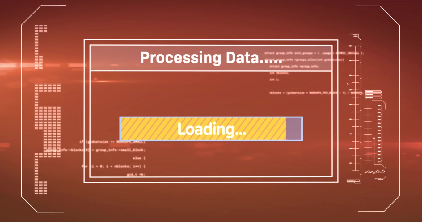 Animation of interface with data processing against light spot on red background