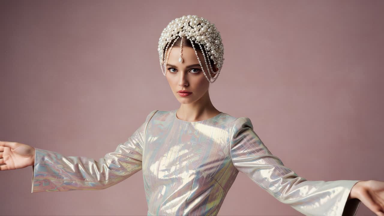 A stunning model in a sparkling iridescent gown strikes a poised pose, adorned with a beautiful pearl headpiece against a soft pastel background