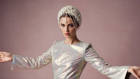 a stunning model in a sparkling iridescent gown strikes a poised pose, adorned with a beautiful pearl headpiece against a soft pastel background