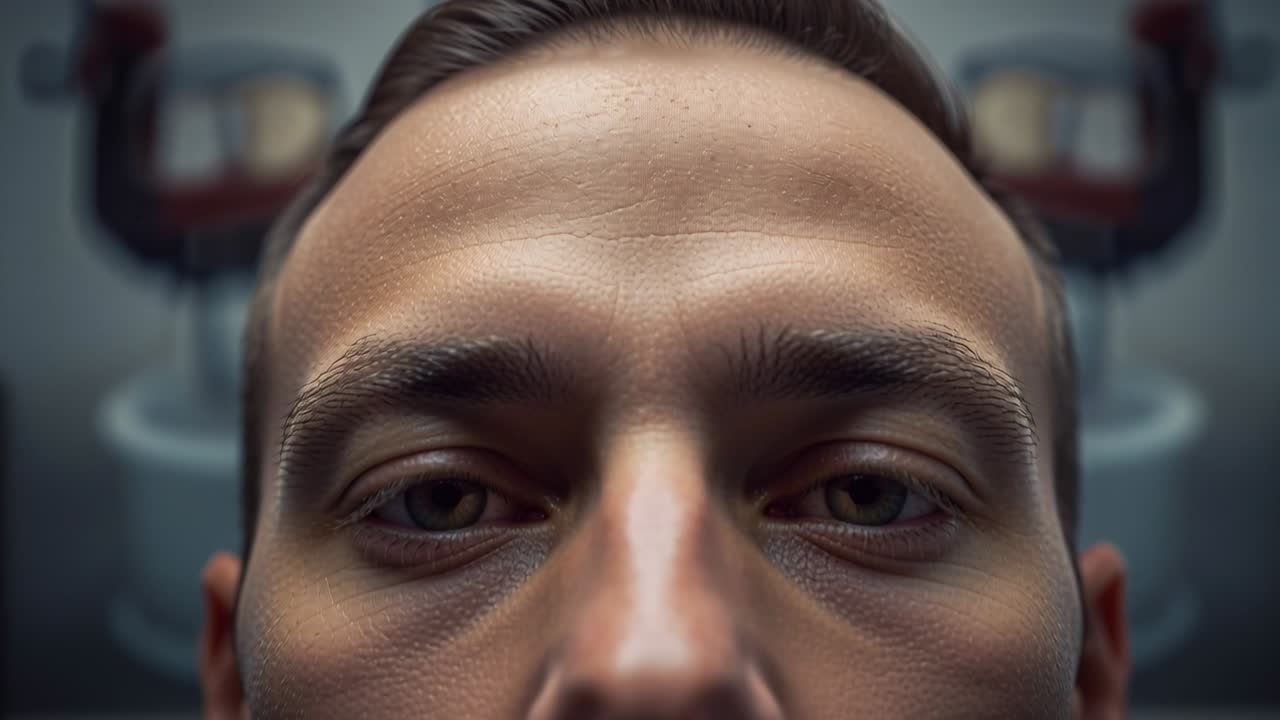 Paciente masculino sendo revelado, levantando a cabeça e abrindo os olhos para observação clínica, com luz circular.
