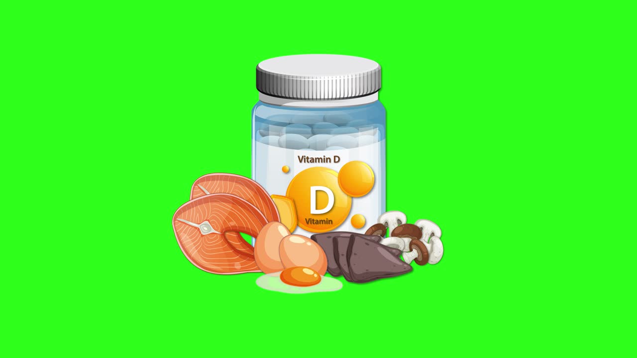 Vitamin D bottle and assorted nuts smoothly appear on vibrant green background, frontal view animation
