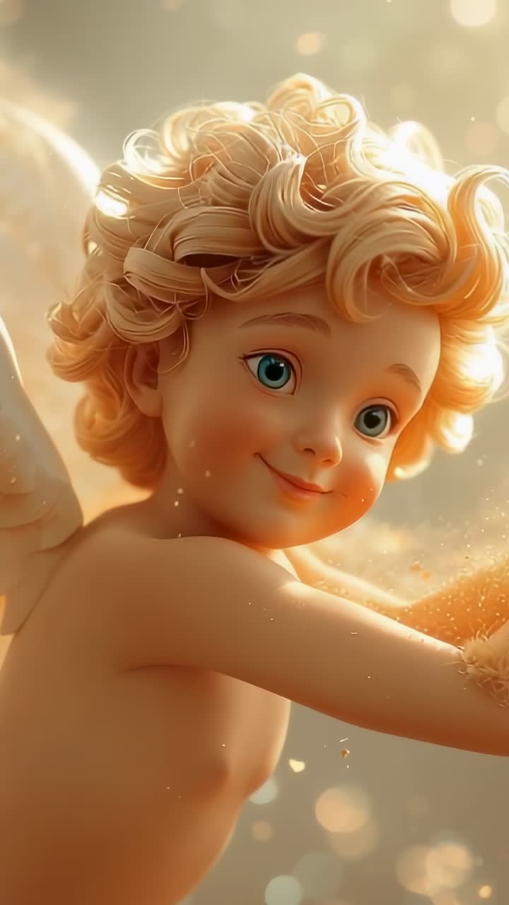 Vertical video: Tightening cam cherub turning head to viewer in clouds, showing bare chest, wing