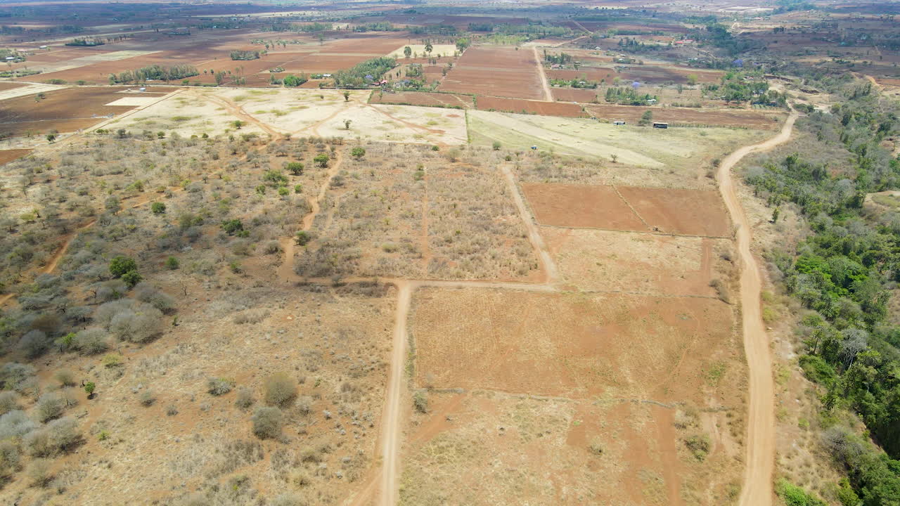 antena de paisaje árido con una pequeña franja de árboles verdes en la zona rural de kenia