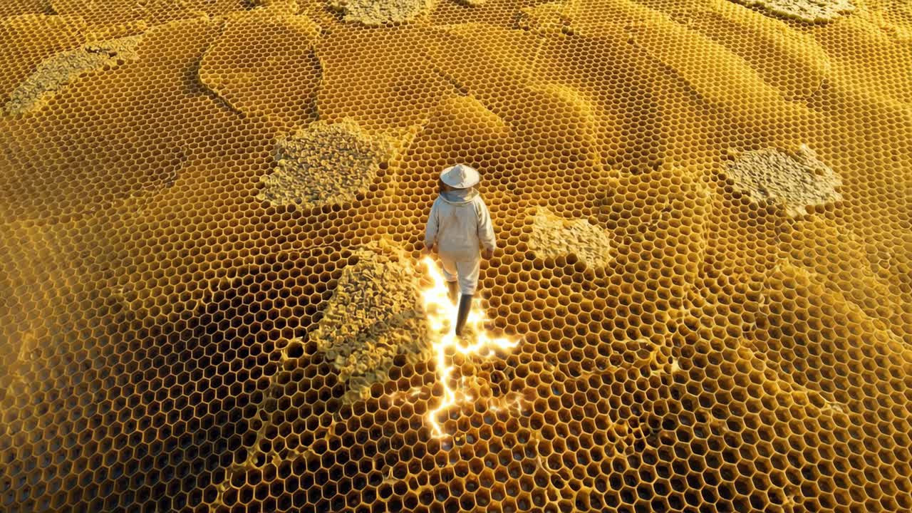 Apicoltore che cammina su una gigantesca struttura a nido d'ape incandescente