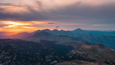 colorful sunset timelapse views at pyrenees mountain range valley and peaks like orhi in spain france border