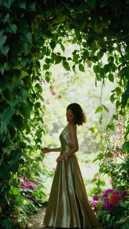 woman in a gold satin dress in a garden archway