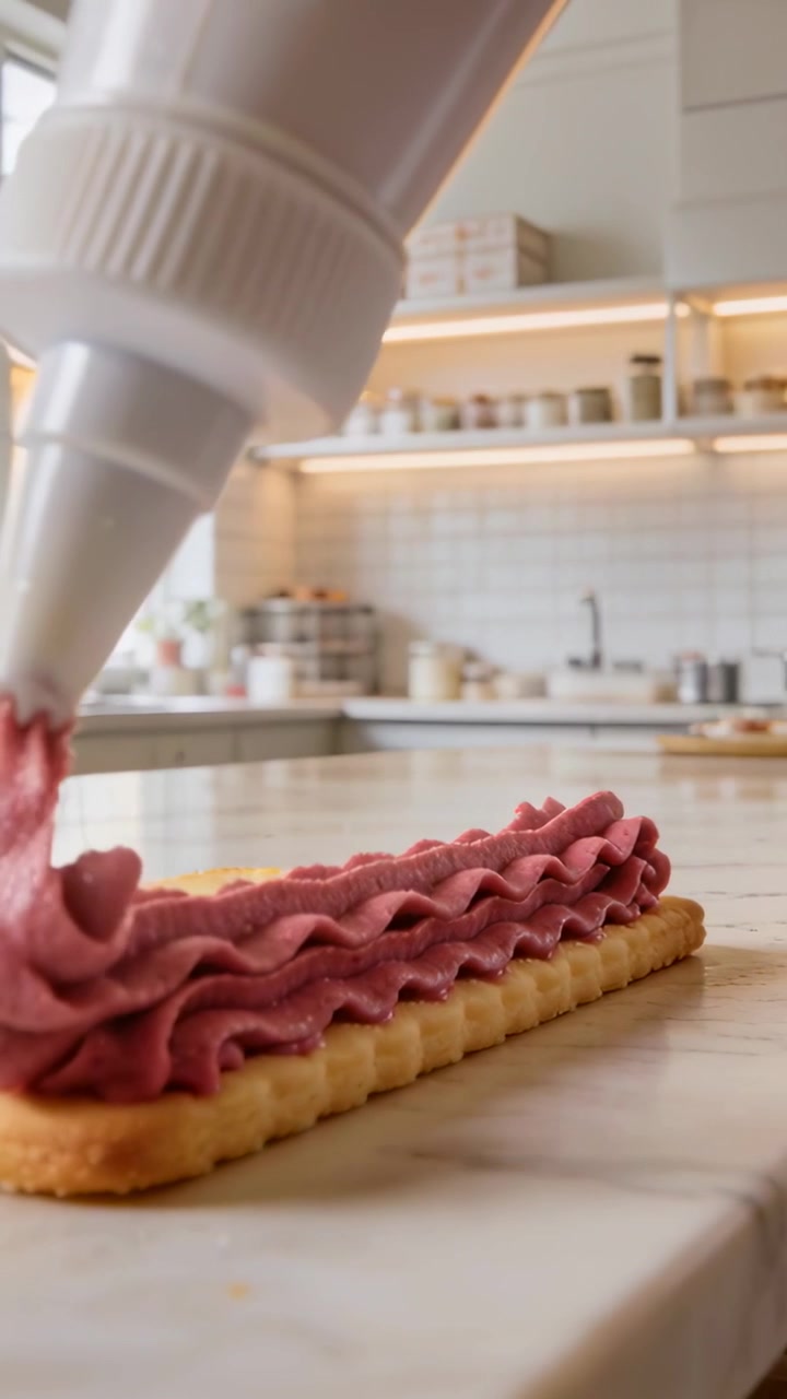 Video verticale: Mano di un pasticcere che spreme glassa rosa, decorando un biscotto rigato a casa, a forma di stella.