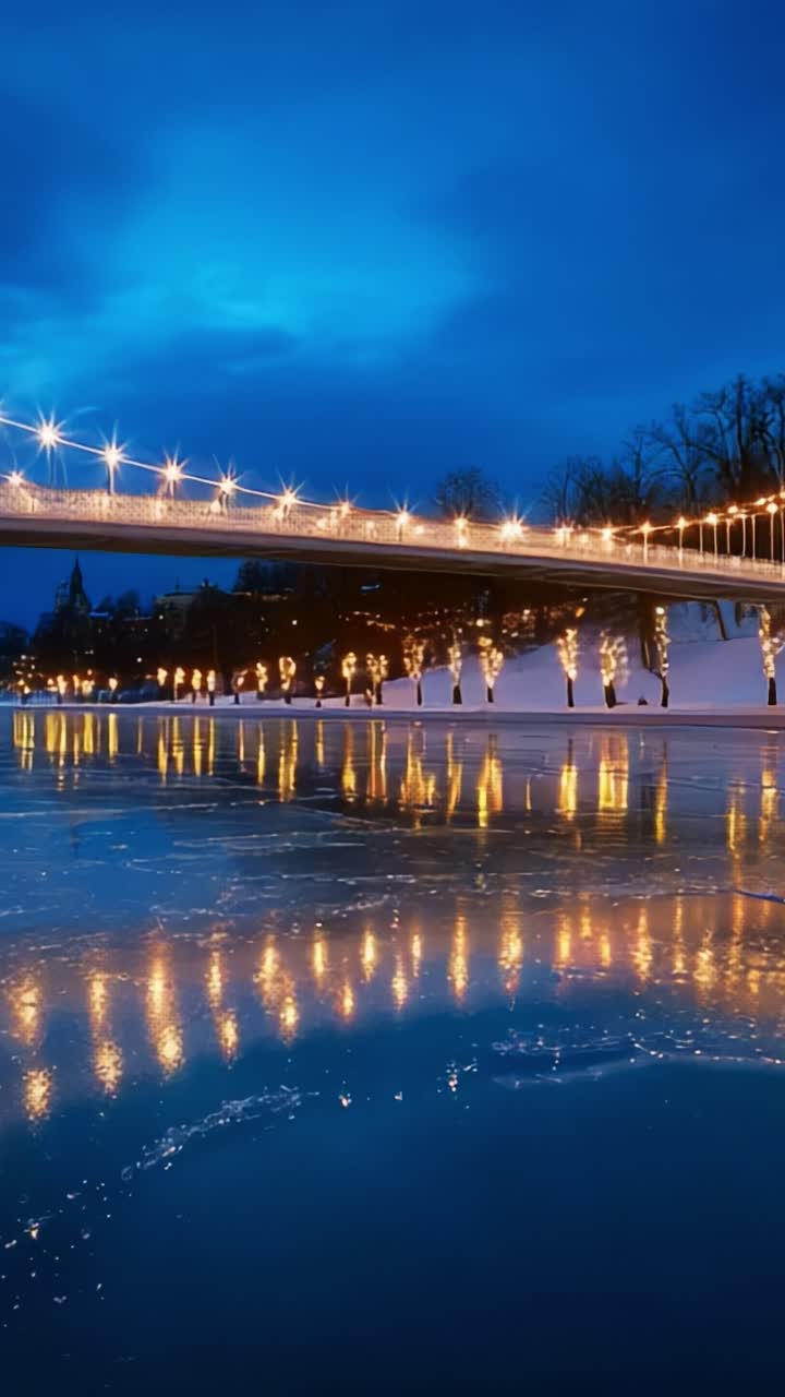 A Beautiful Night Scene Showcasing a Sparkling Ice Surface Beneath a Bridge Illuminated by Twinkling Lights, Complemented by the Calmness of the Waters and the Elegant Night Sky Above