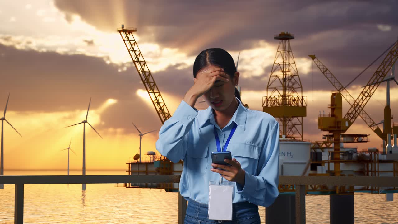 해가 지는 동안 해상 석유 굴착장에서 스트레스를 받는 여자