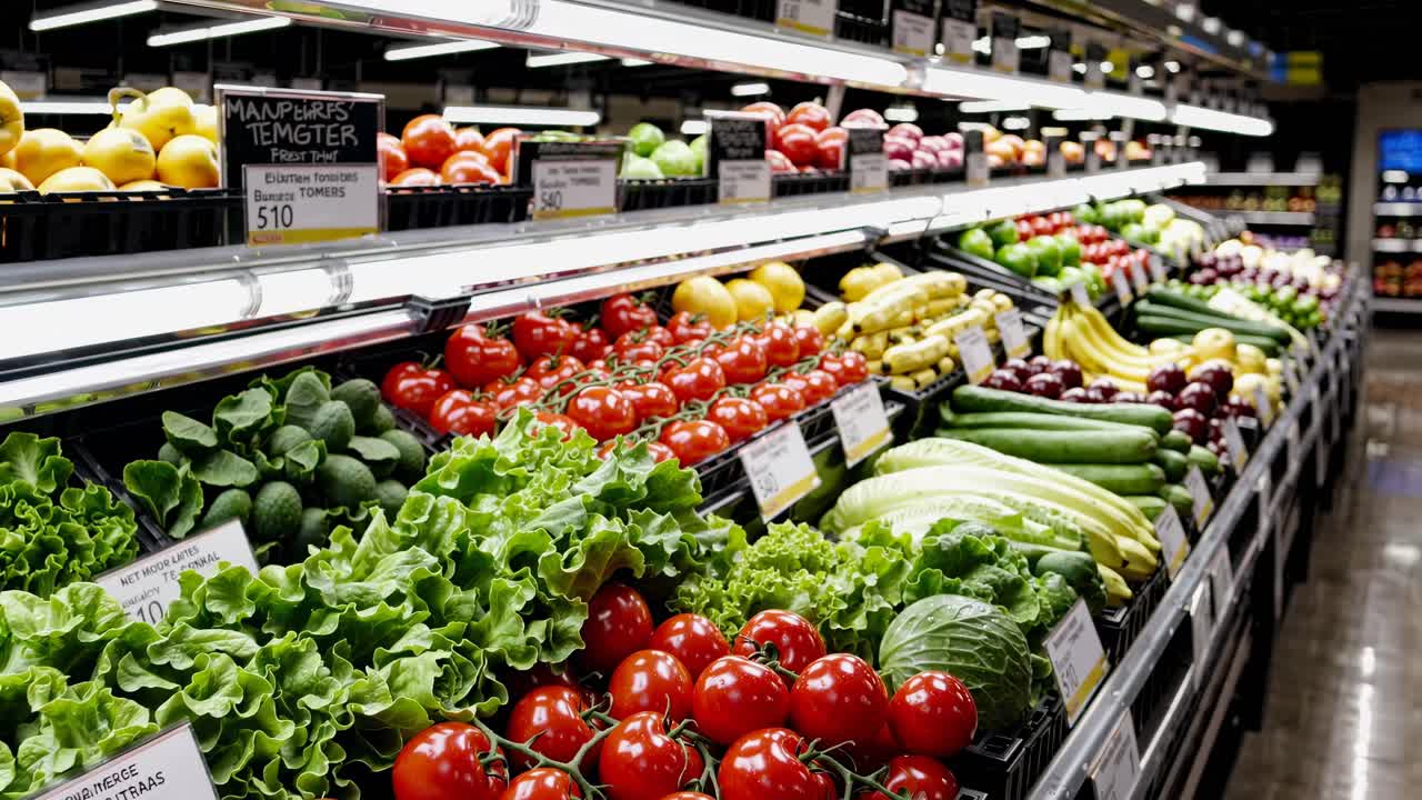 A vibrant supermarket produce aisle captured in a wide-angle shot, showcasing fresh vegetables