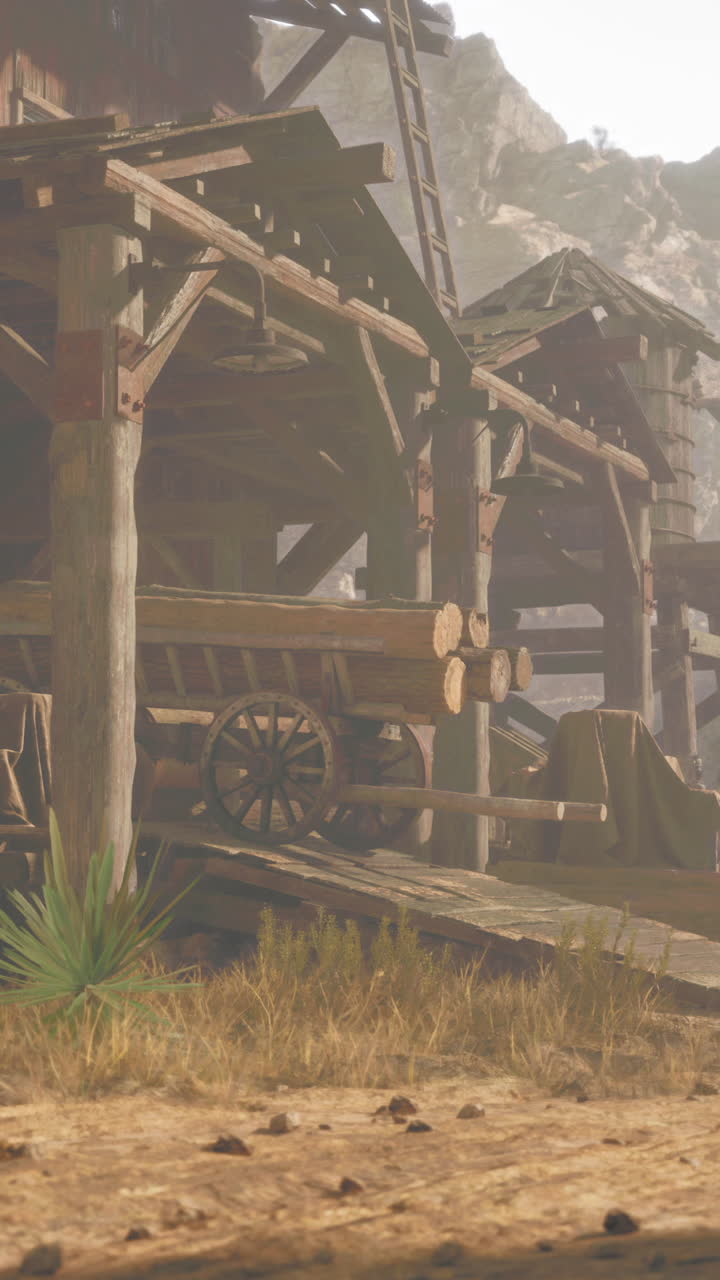 viejo edificio de madera con un vagón delante de él