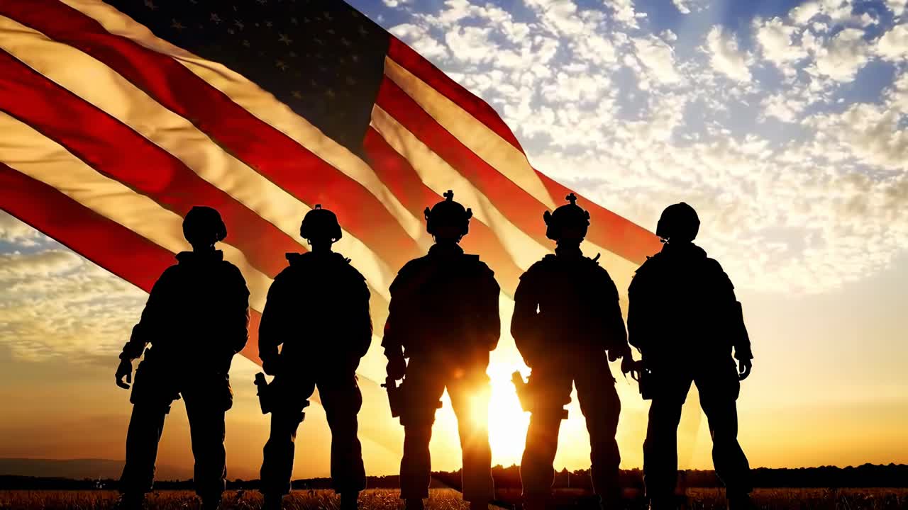 Soldati in controluce al tramonto con sfondo di bandiera americana, ripresa video dal basso.