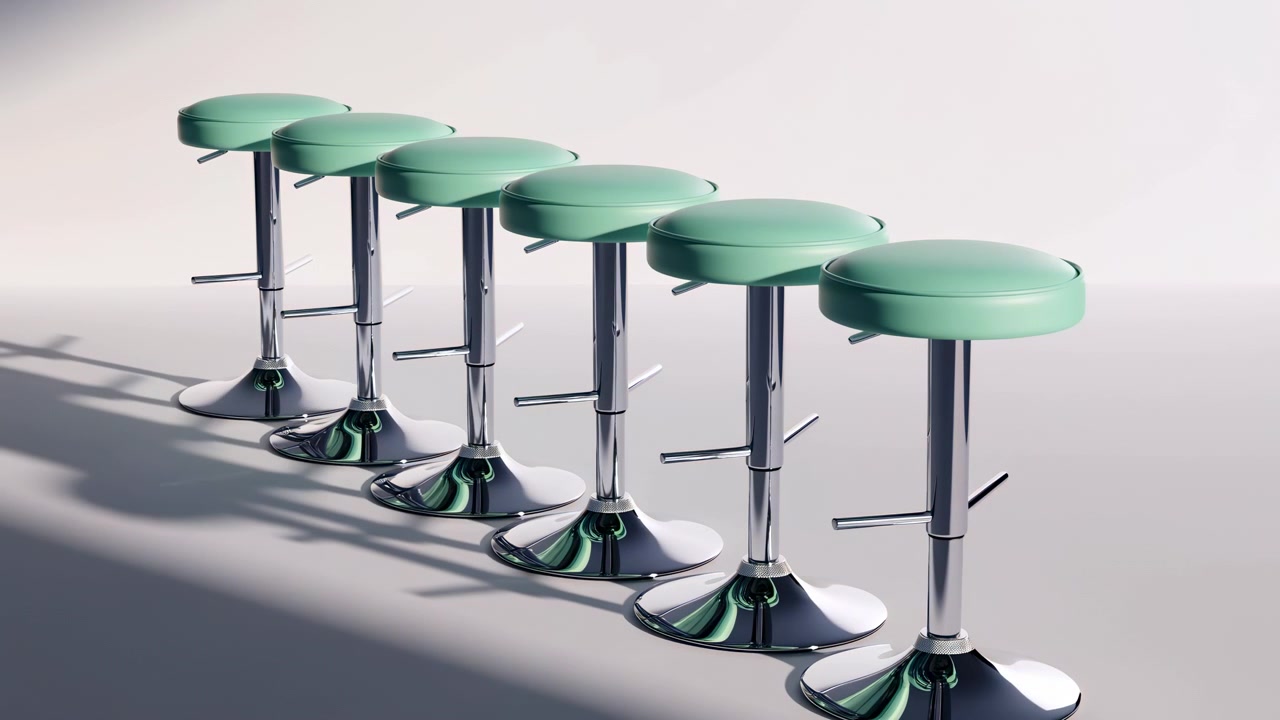 A diagonal row of modern green bar stools with chrome pedestal bases sits on a clean beige floor, shown from a low side angle with soft studio shadows and a