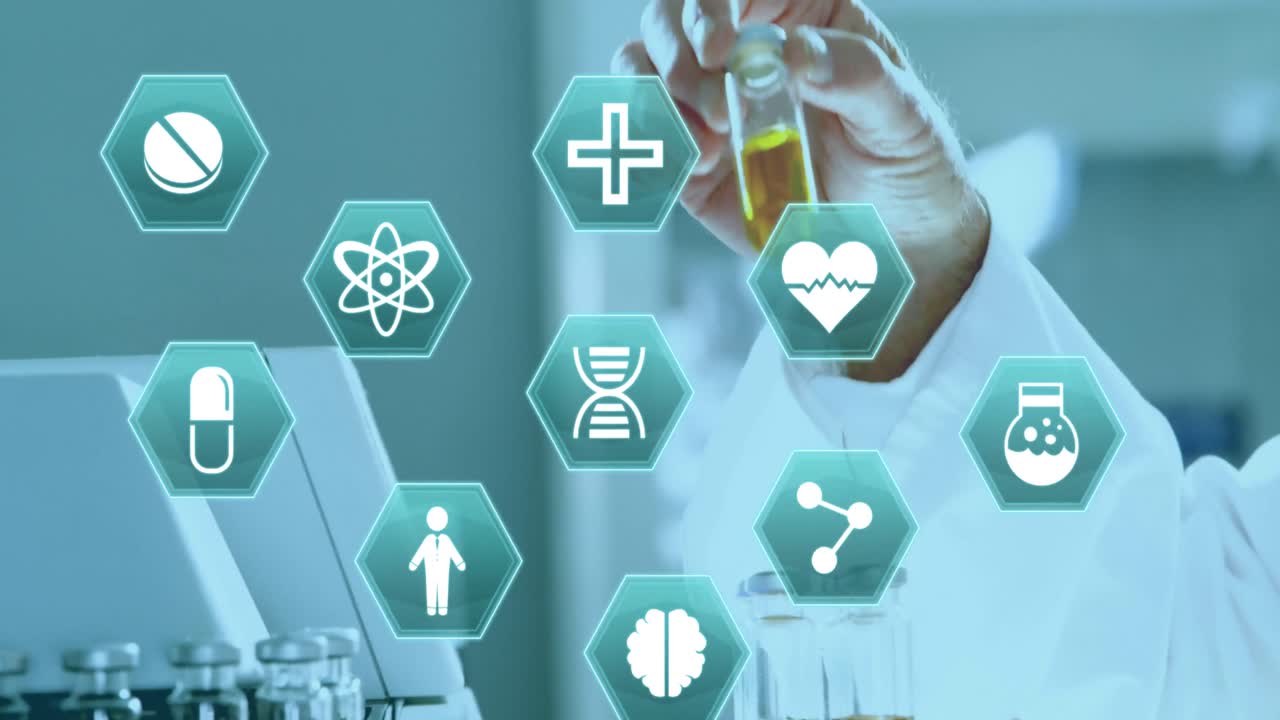 실험실에서 일하는 과학자에 대한 의학 아이콘