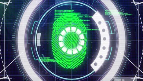 animation of scope scanning, data processing with green biometric fingerprint on black background