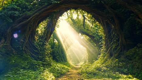 a tunnel of trees in the middle of a lush green forest