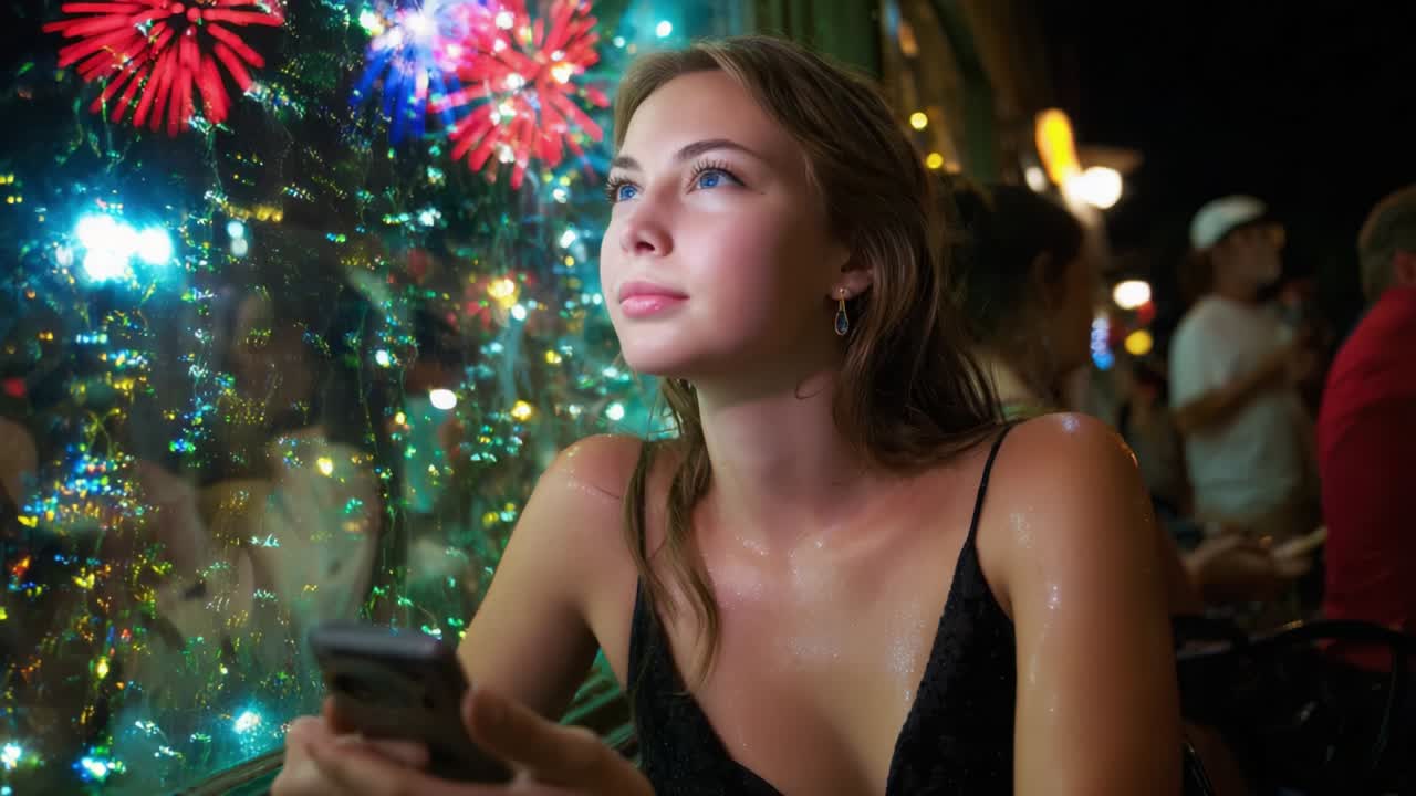 A Young Woman Contemplating Life While Gazing Into the Sparkling Night, Illuminated by Colorful Fireworks Reflected in a Window as She Holds a Smartphone in an Enchanting Evening Atmosphere