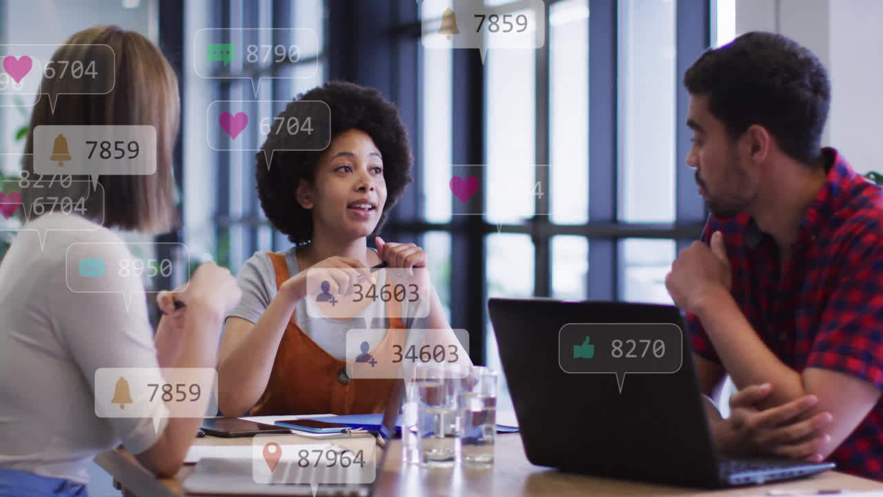 Animation of social media data processing over diverse business people in office