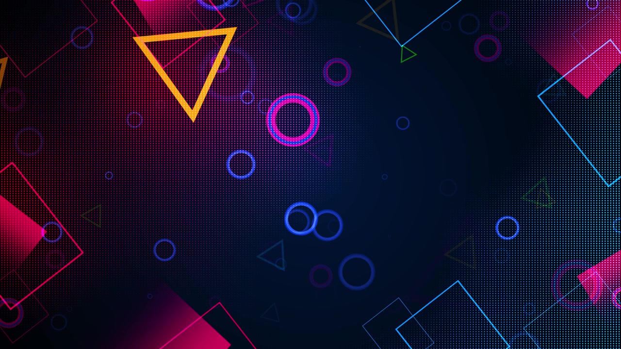 Neon geometric abstract background pink and blue squares circles triangles dotted texture dark copy
