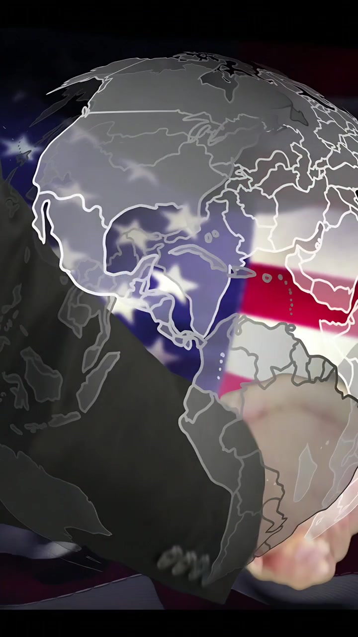 Video verticale: Globo che ruota, scorrendo su una stretta di mano con la bandiera degli Stati Uniti, che mostra un accordo globale.