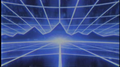 80년대 레트로 vhs 테이프 비디오 게임 소개 풍경 터 아케이드 와이어 프레임 산