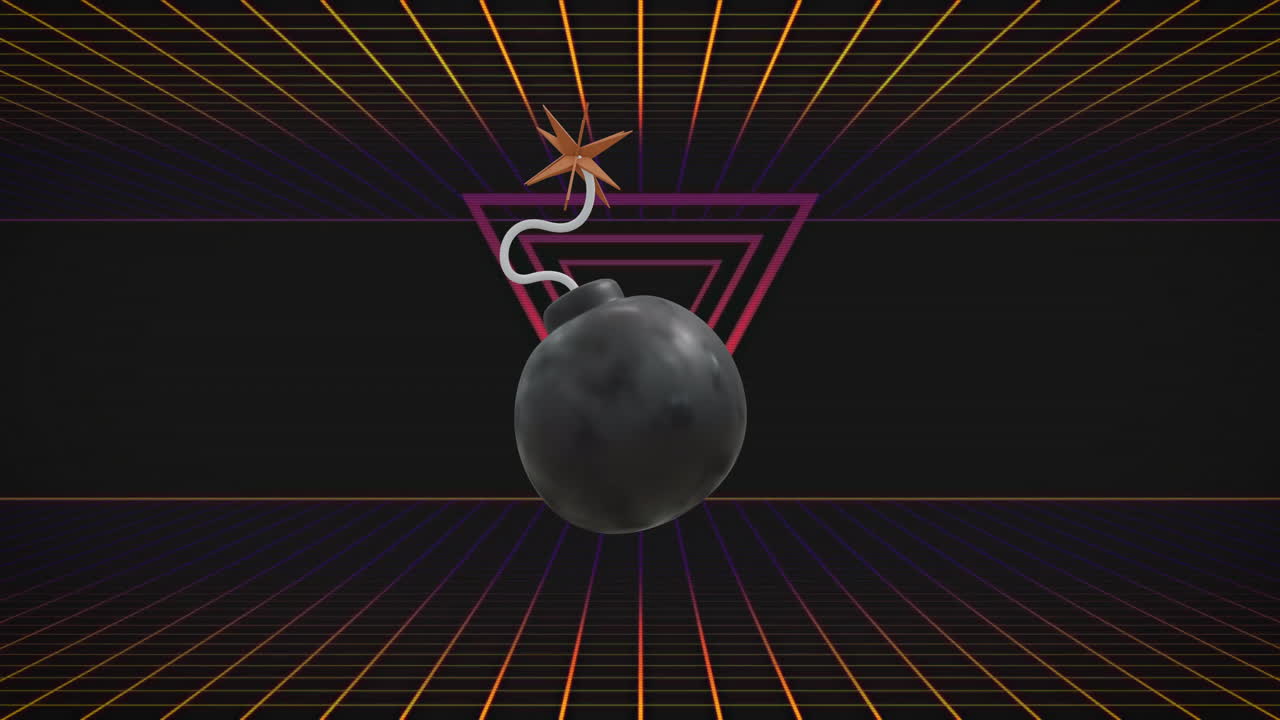 animación del icono de la bomba 3d girando sobre líneas de neón y triángulo sobre fondo negro