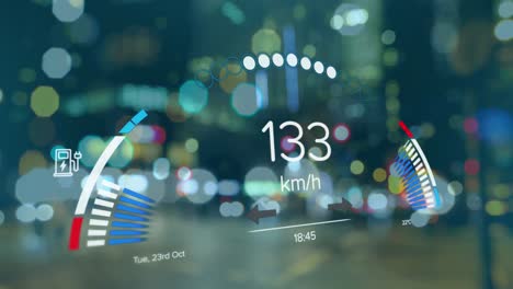 Animation-of-electric-car-speedometer-data-processing-over-city