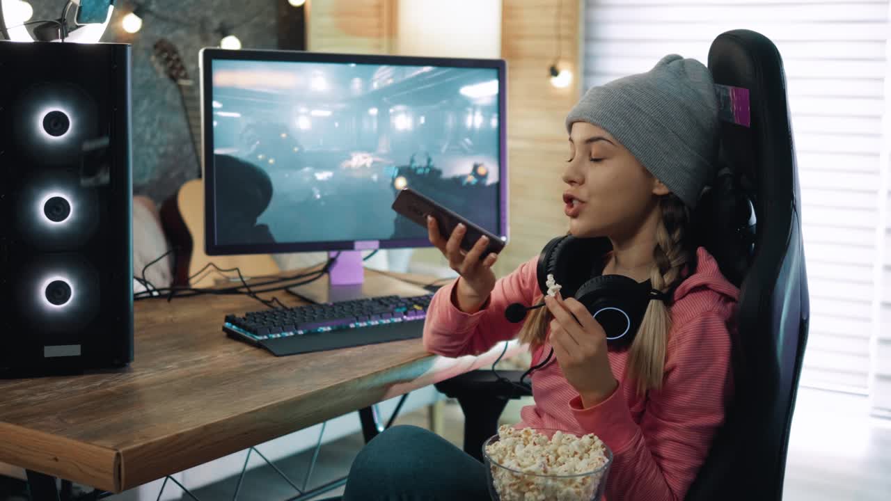 Teenage gamer at home uses phone to send voice messages sitting in front of computer monitor with shooter game on screen