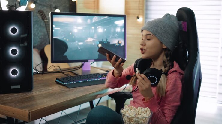 Teenage gamer at home uses phone to send voice messages sitting in front of computer monitor with shooter game on screen