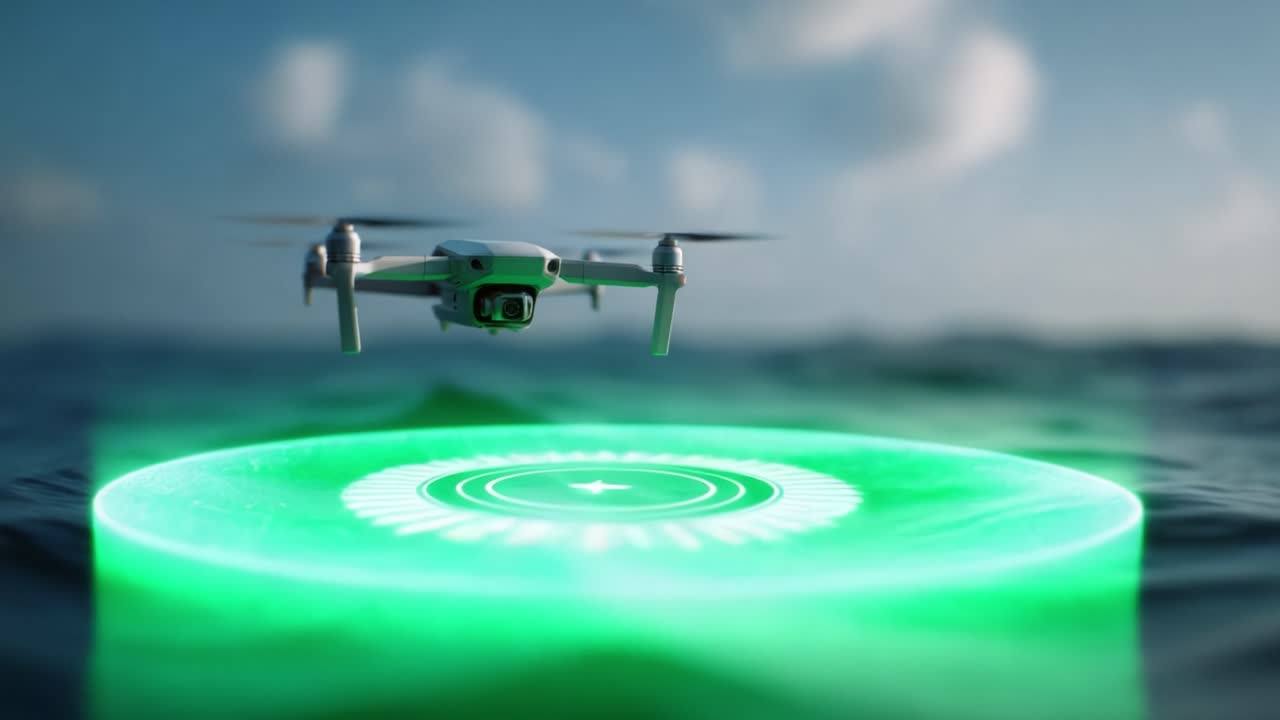 Drone hovers above glowing green landing pad on water. Sky is bright blue with soft clouds. Drone shows steady flight, perfect for tech or marine themes