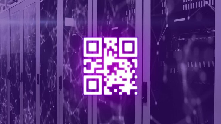 Animation of qr code and network of connections over server room