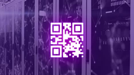 animation of qr code and network of connections over server room