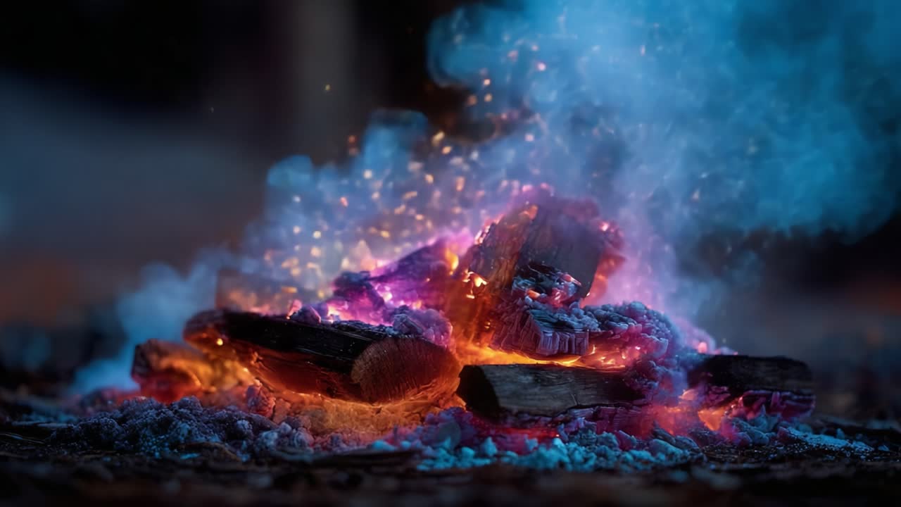 Mesmerizing Glow of Flames and Embers: A Close-Up View of Smoldering Firewood Surrounded by Sparkling Ash and Dense Smoke