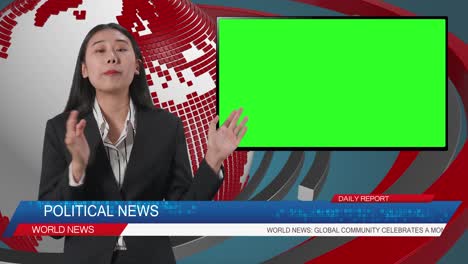 live news studio with asian professional female anchor and green screen television pointing to side while reporting on the events of the day