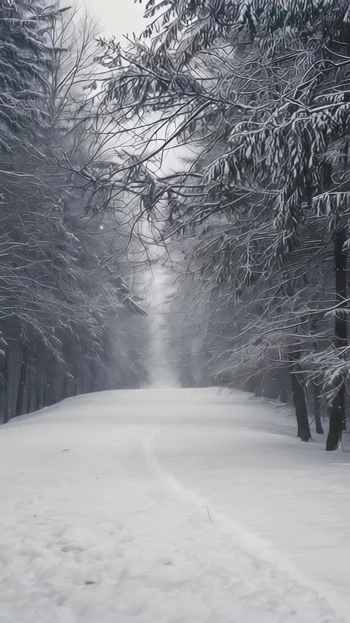 Vertical video: Moving camera revealing central snowy path in forest, highlighting misty depth
