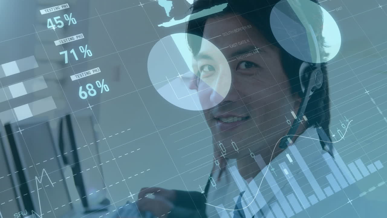 animación de procesamiento de datos financieros sobre empresario asiático usando auriculares de teléfono y computadora