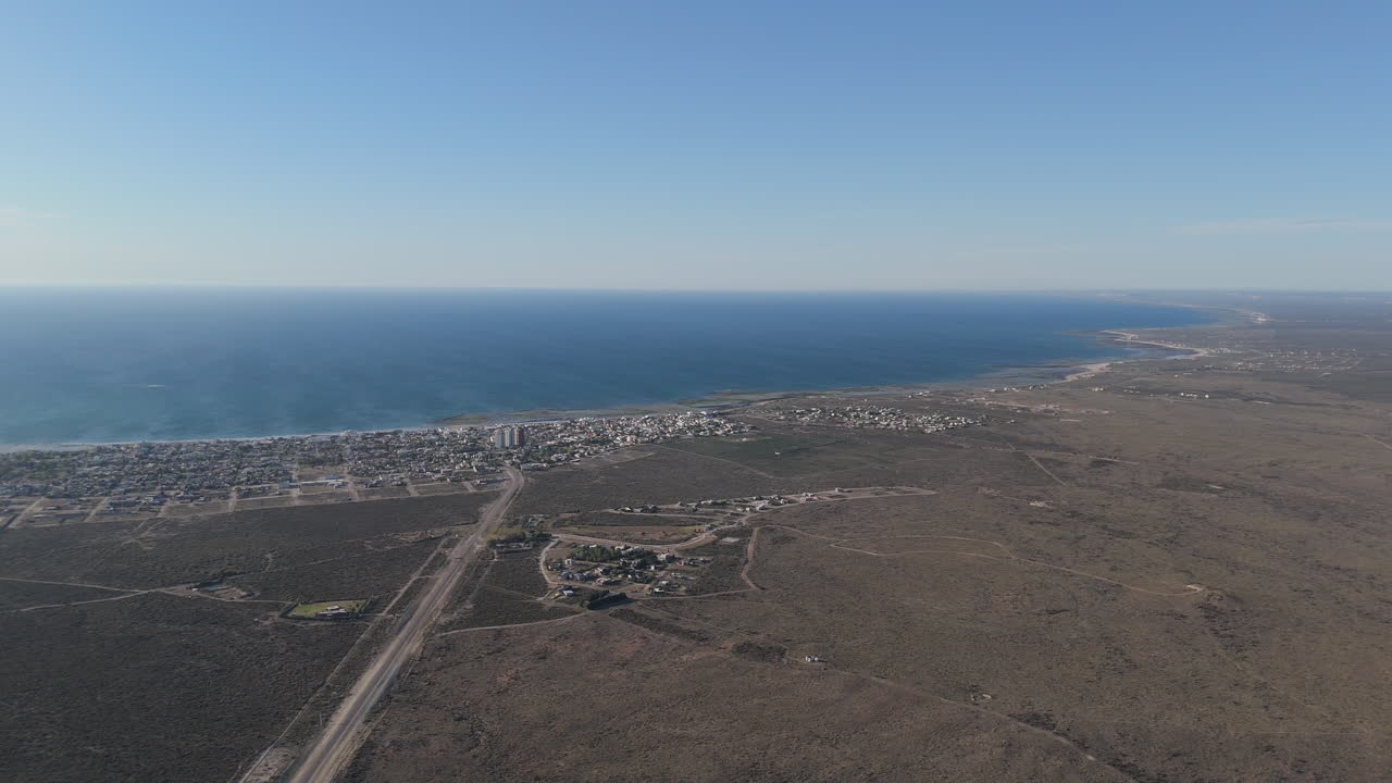 Cityscape land city ocean shore skyline aerial view panorama, Las Grutas Argentina