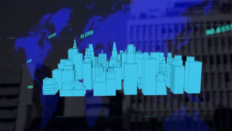 3D-Stadtmodell-Dreht-Sich-über-Der-Weltkarte-Vor-Hohen-Gebäuden-Im-Hintergrund