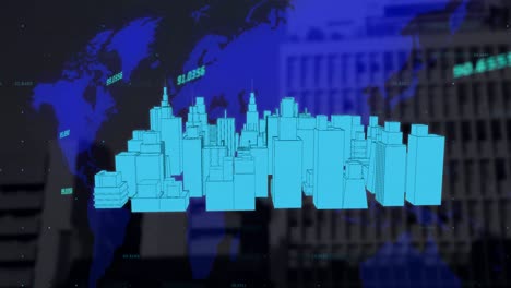3d city model spinning over world map against tall buildings in background