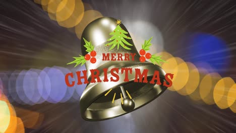 Animation-Eines-Frohe-Weihnachts-Textes-über-Einer-Läutenden-Glocke-Und-Defokussierten-Blauen-Und-Orangefarbenen-Lichterketten
