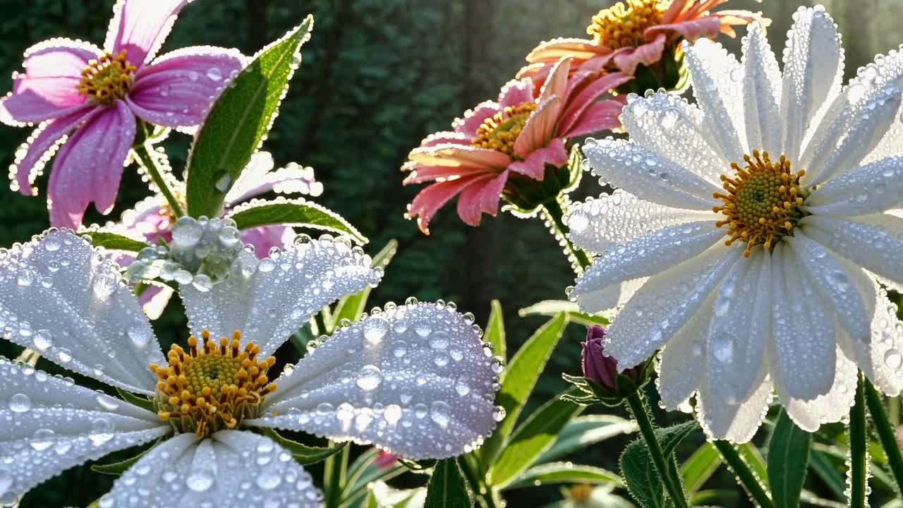 Primo piano video di fiori coperti di rugiada nella morbida luce del mattino, che cattura colori vivaci