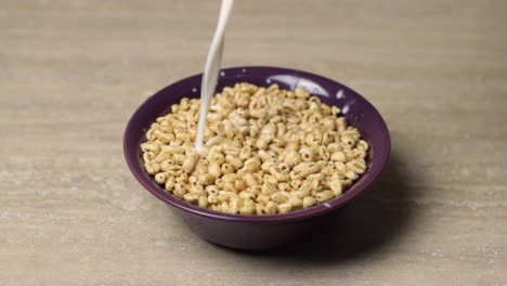 close up of milk falling into cereal in purple bowl and spoon added