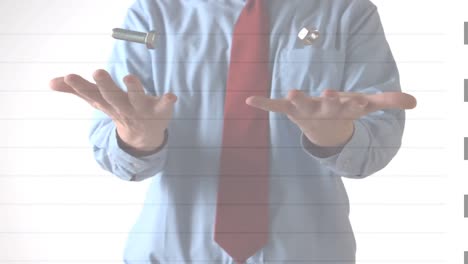 animación de un hombre de negocios lanzando y atrapando tuercas y pernos, sobre fondo blanco