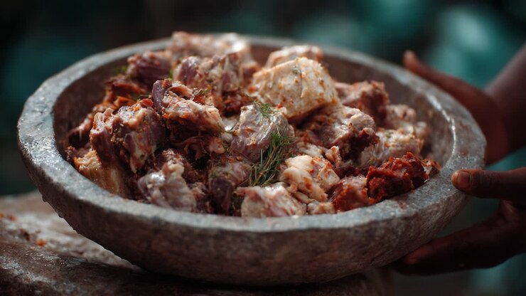 Primo piano di saporite carni speziate in una ciotola tradizionale, preparate alla perfezione per essere cucinate o servite durante una festa o un incontro, che ne mette in risalto i colori intensi e le texture.